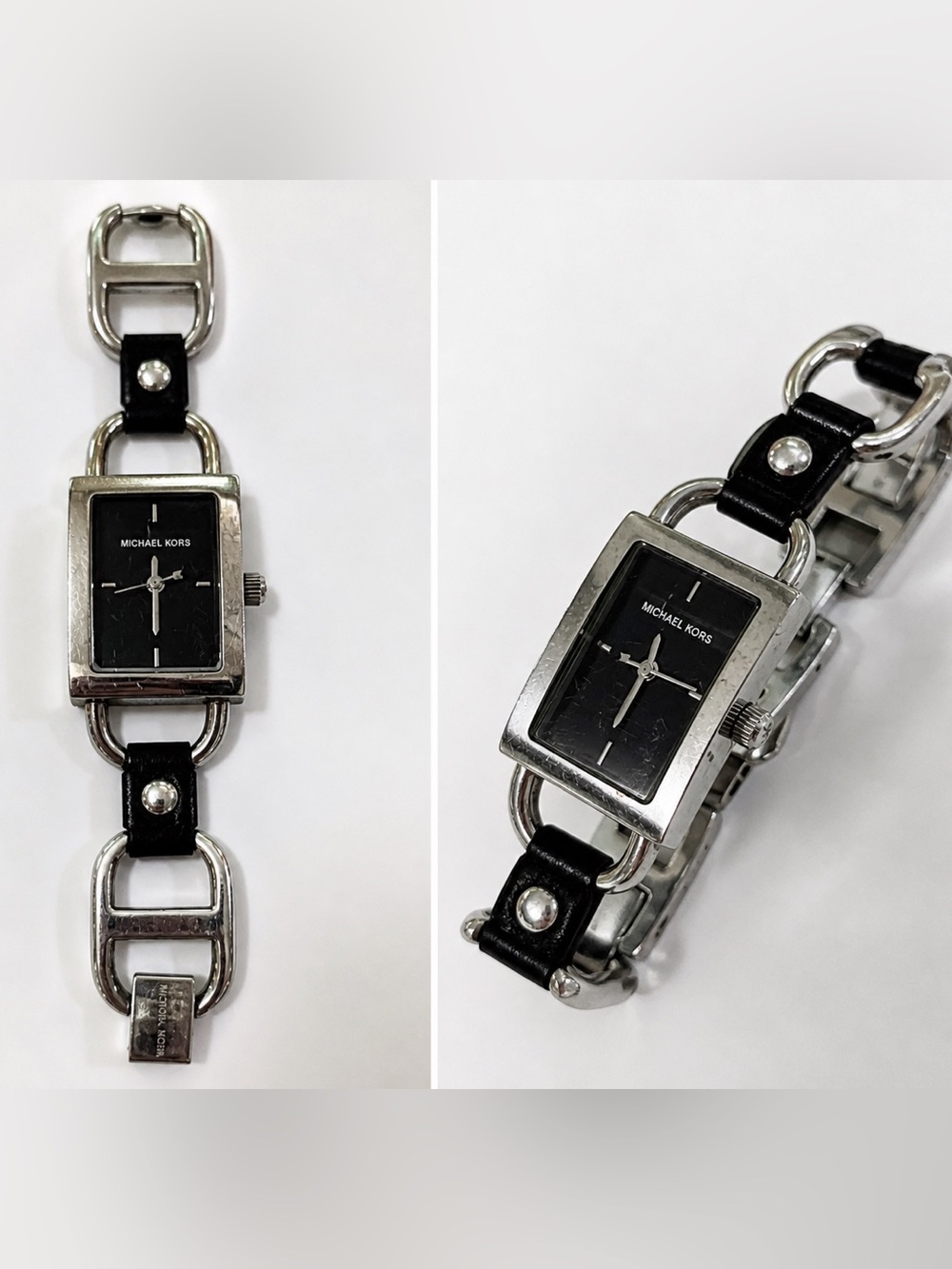 Michael Kors Chain Link Watch Silver Black Leather MK2053 Y2K Chic Luxury Grunge